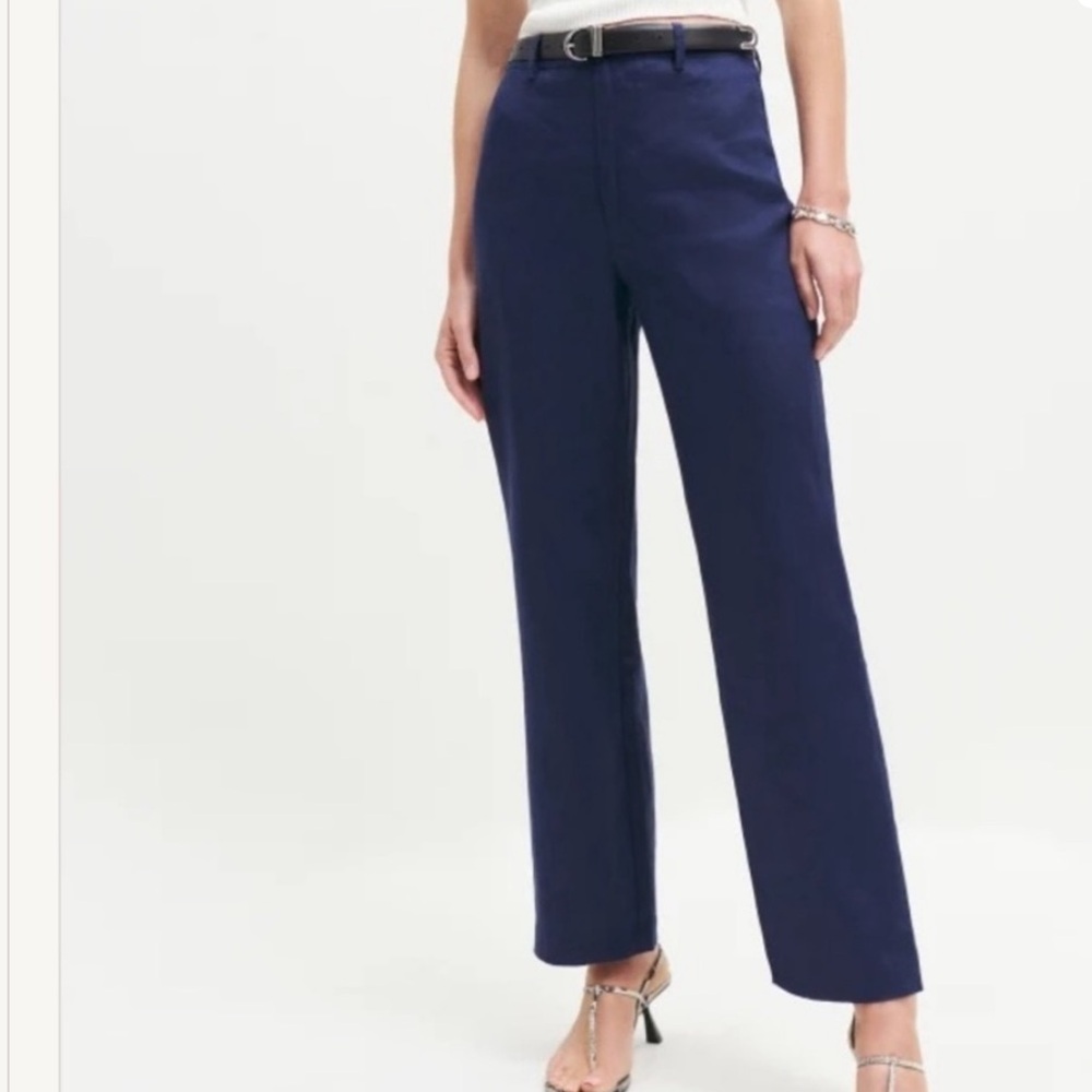 Reformation Freddie Pant Blue Wide Leg Linen High Rise Trousers
